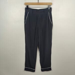 Sezane Silk Pants Womens 36 US 4 Black White‎ Contrast Piping Tapered Ankle